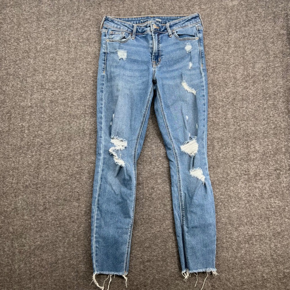 Old Navy Rockstar Super Skinny Distressed Light Wash Jeans 8 Long Raw Hem Ankle